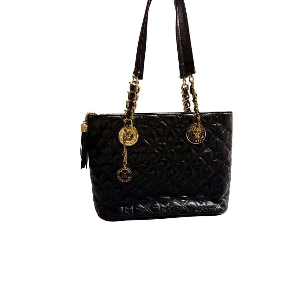 Metrocity Black Quilted Leather‎ Tote Bag Gold Hardware Logo Charm Shoulder Bag